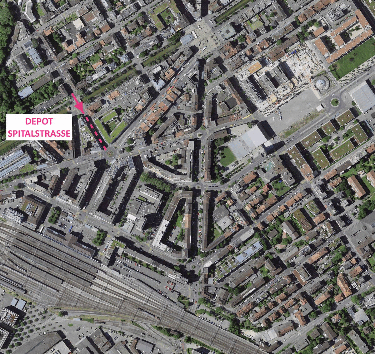 Das GIF zeigt die Route, die Roger Grunder auf seinem "Morgechehr" absolviert. Der Strassenwärter startet beim Depot an der Spitalstrasse, geht zum Bahnhof Biel und dann über die Bahnhofstrasse via Guisanplatz und Zentralplatz zum "Bermuda-Dreieck". Der Strassenwärter beendet seinen "Morgechehr" wieder im Depot an der Spitalstrasse.